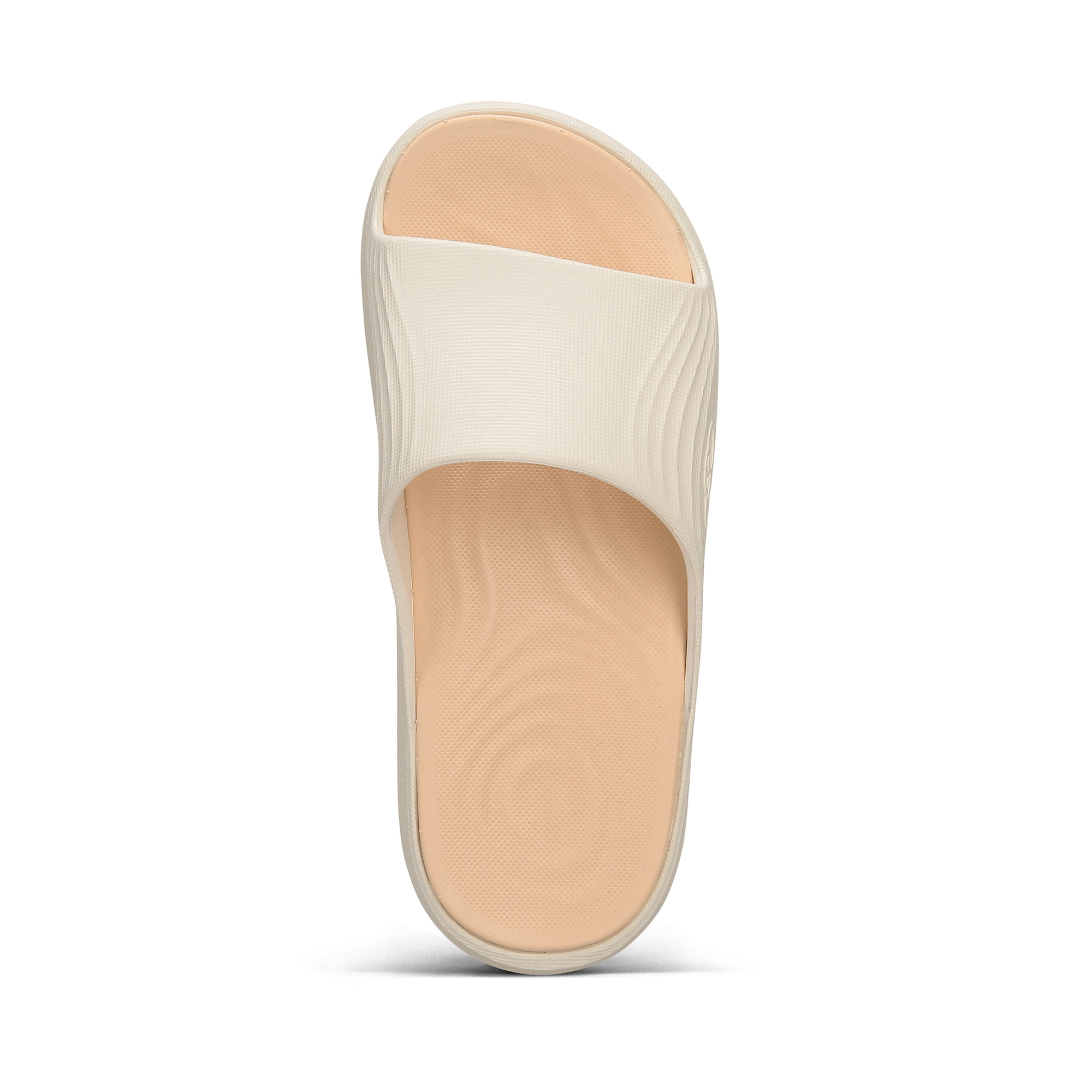 Chinelo Olympikus Pleno Slide Bege Feminino em ângulo frontal inferior mostrando palmilha e sola